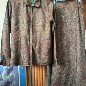 Ralph Lauren Paisley Silk Blouse & Skirt in Brown and Burgundy